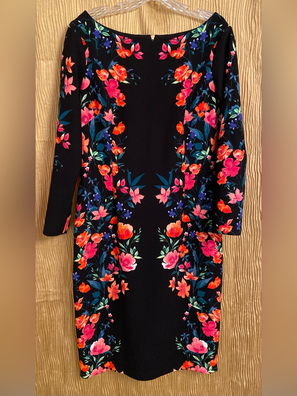 Eliza J Black Sheath Dress with Pink, Orange & Blue Floral Print